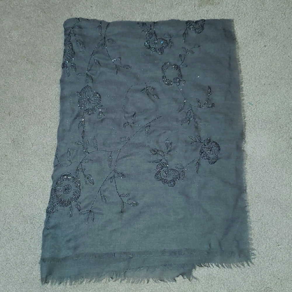 Very large oversized embroidered scarf, grey and silver